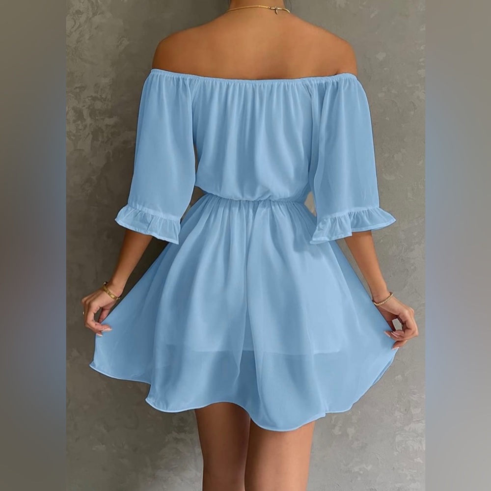 NWT— Feditch— Light Blue Chiffon Off-Shoulder Mini Dress, size SM - Picture 2 of 9